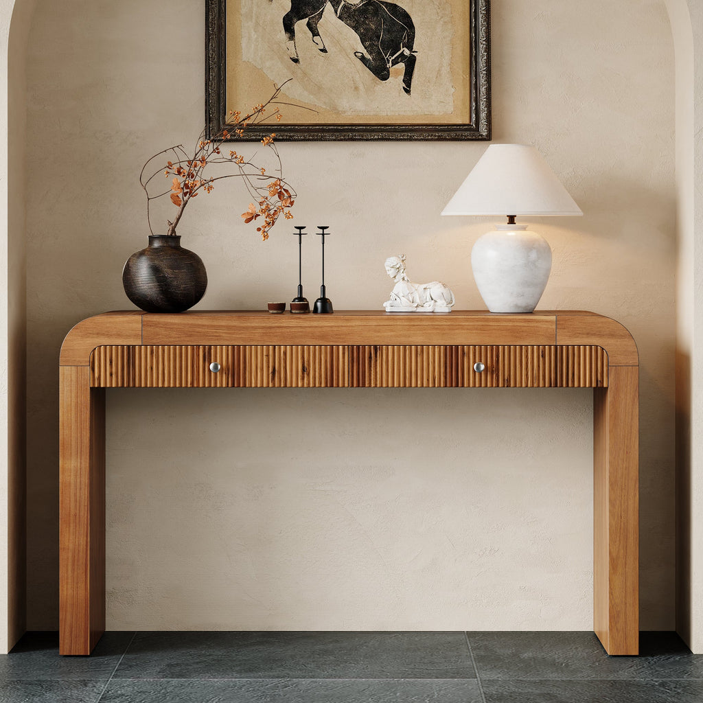 TREXM Rustic Console Table with Fluted Drawer Front, Entryway Table with Curved Corners & Thick Legs, Sturdy Sofa Table for Hallway & Living Room (Brown)