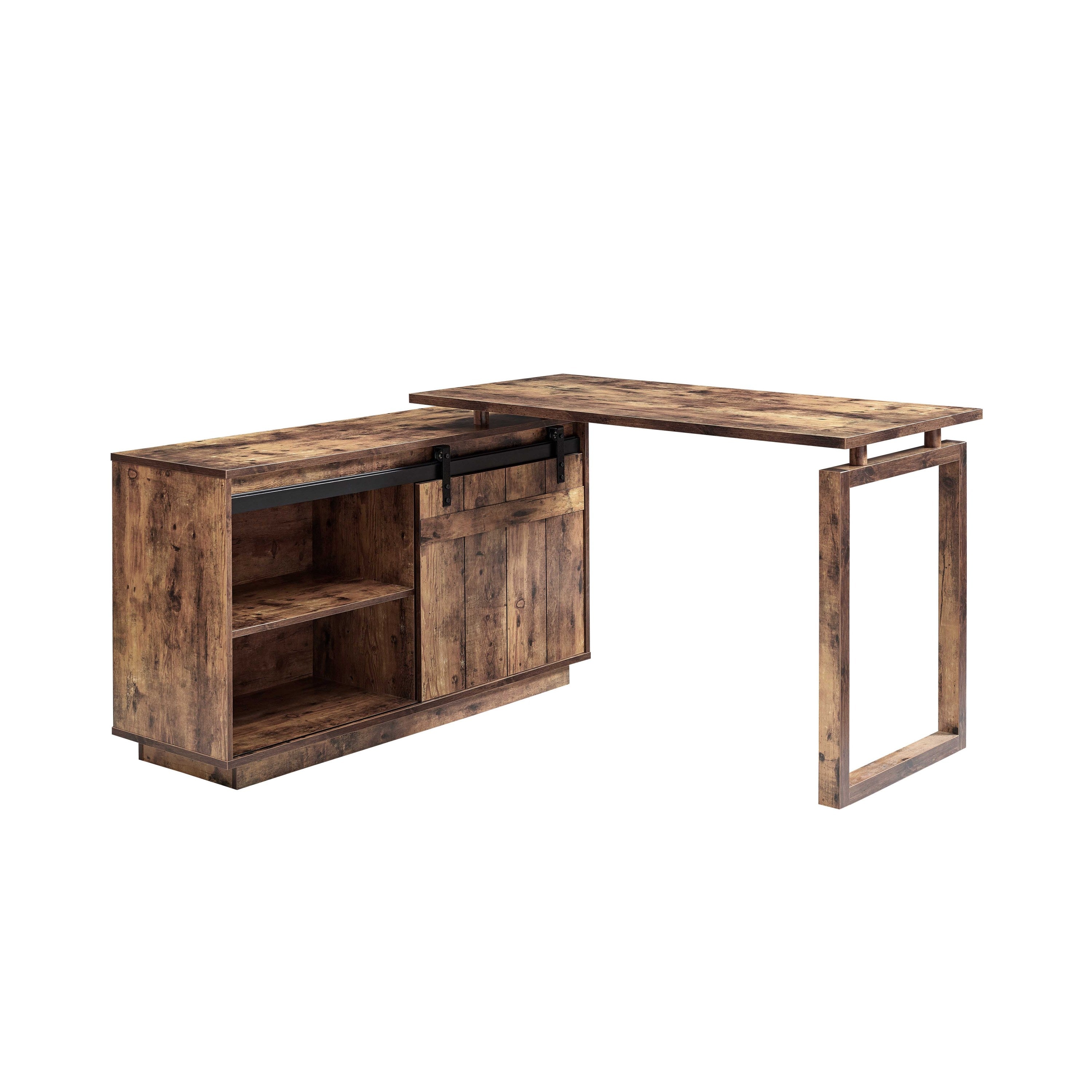 Desk L-shaped Workstation Home Office attached storage credenza sliding barn door finished on the back reversible Distressed Wood