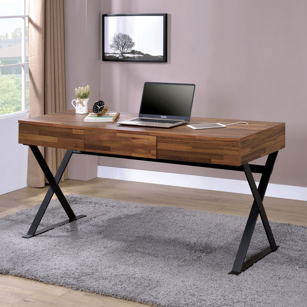 Industrial Computer Desk With Three Storage Drawers USB And Power Outlet, X-Cross Legs Black