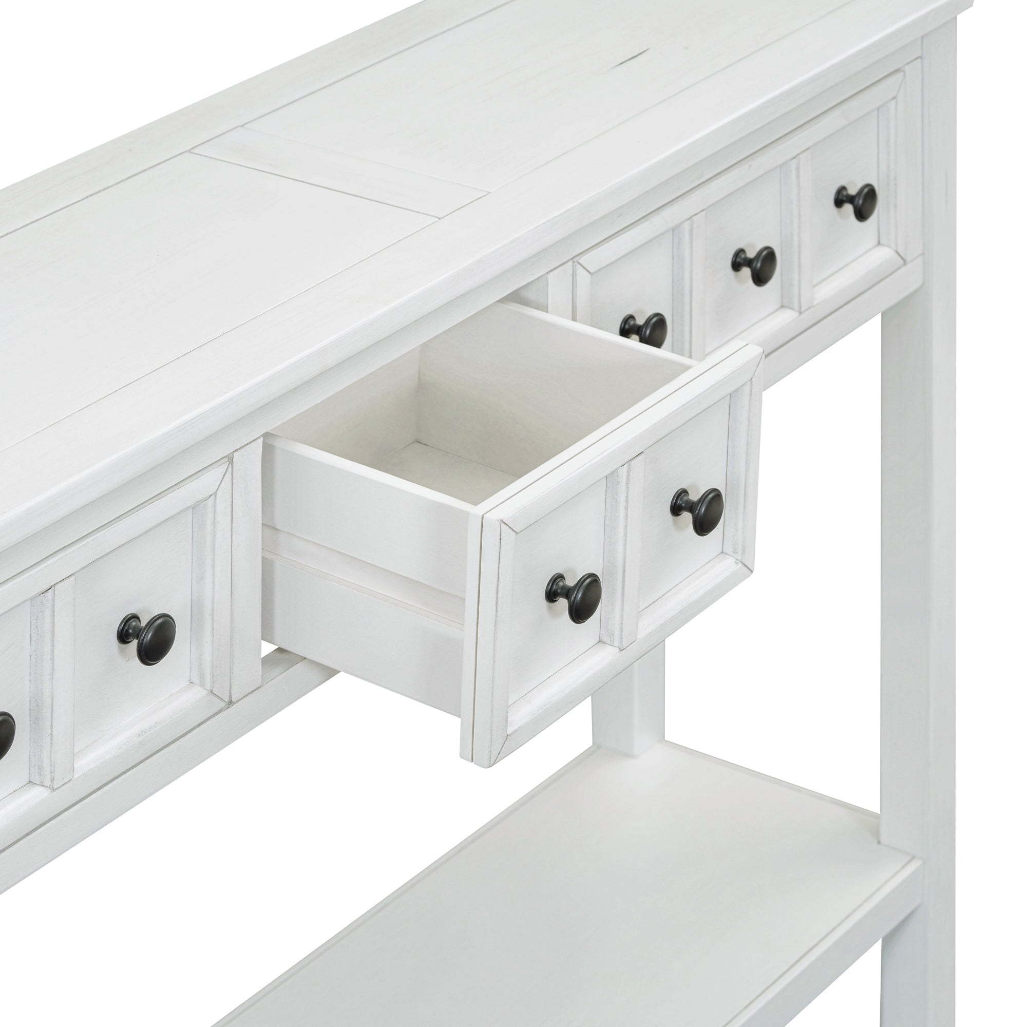 TREXM Rustic Entryway Console Table, 60" Long Sofa Table with two Different Size Drawers and Bottom Shelf for Storage (Antique White)