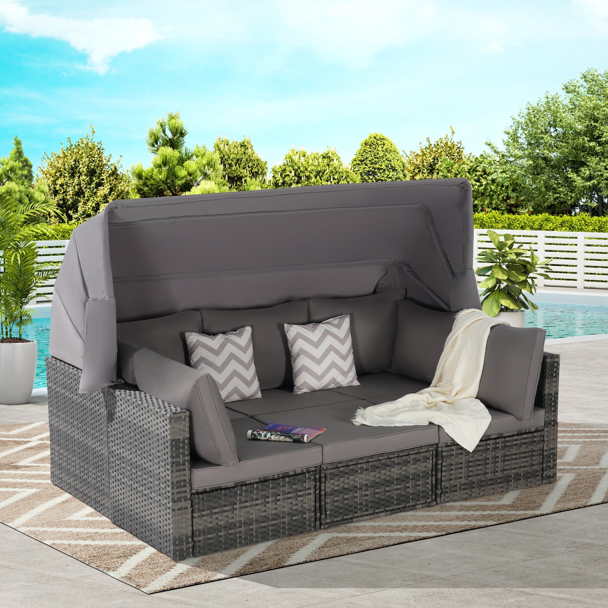 5 Pieces Outdoor Patio Wicker Daybed Furniture Set with Retractable Canopy, Storable Side Table, and Soft Cushions for Relaxing in Your Backyard or Porch