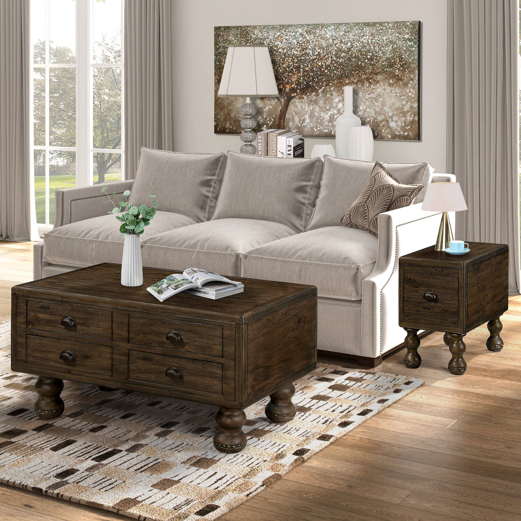 Solid Wood Rectangle Coffee Table for Living Room, 40-Inch Antique Coffee Table with 4 Drawers, Wood Center Table Tea Table with Rivet Decoration Legs.Easy Assembly, Espresso