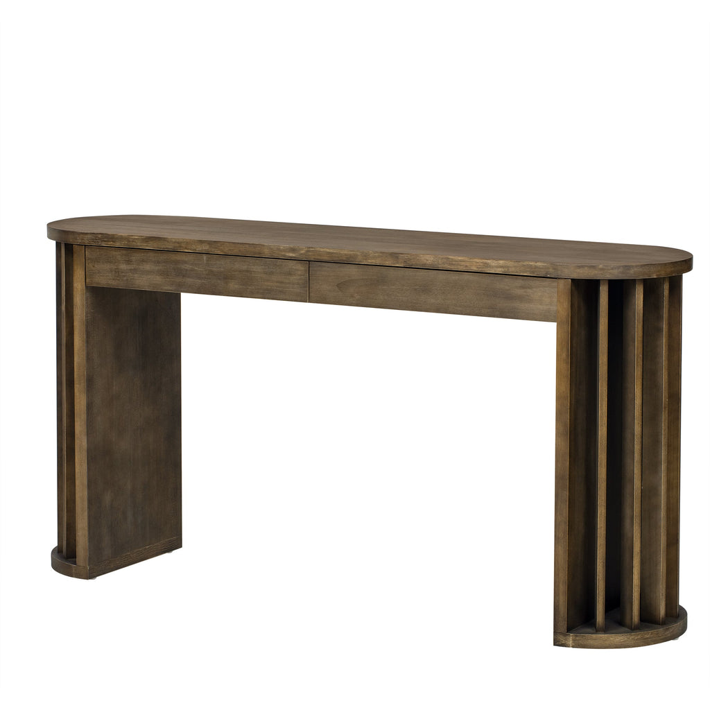 U_Style 59-inch Long Console Table,Oak Veneer Sofa Table,Curved and Straight Line Design,Behind the Couch, Farmhouse Entryway Table for Entrance, Hallway, Living Room (Natural)
