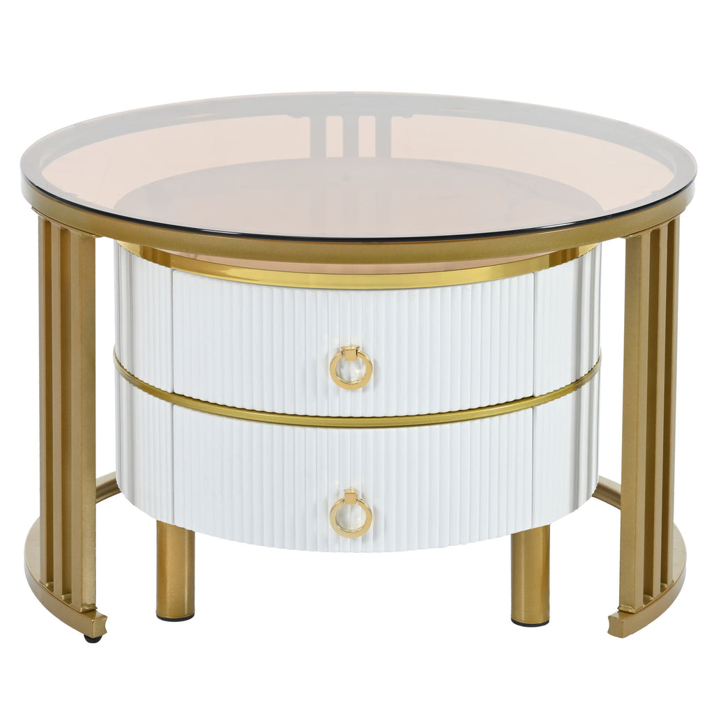 ON-TREND Φ27.5'' & Φ19.6'' Stackable Coffee Table with 2 Drawers, Nesting Tables with Brown Tempered Glass and High Gloss Marble Tabletop, Set of 2, Round Center Table for Living Room, White