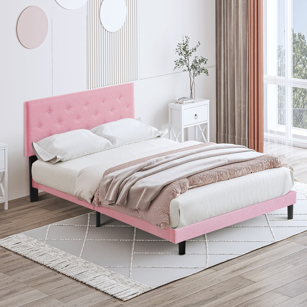 Full Size Upholstered Platform Bed Frame with Modern Button Tufted Linen Fabric Headboard, No Box Spring Needed, Wood Slat Support, Easy Assembly, pink