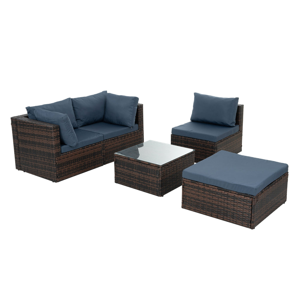 Patio Furniture, Outdoor Furniture, Seasonal PE Wicker Furniture, 5 Set Wicker Furniture With Tempered Glass Coffee Table