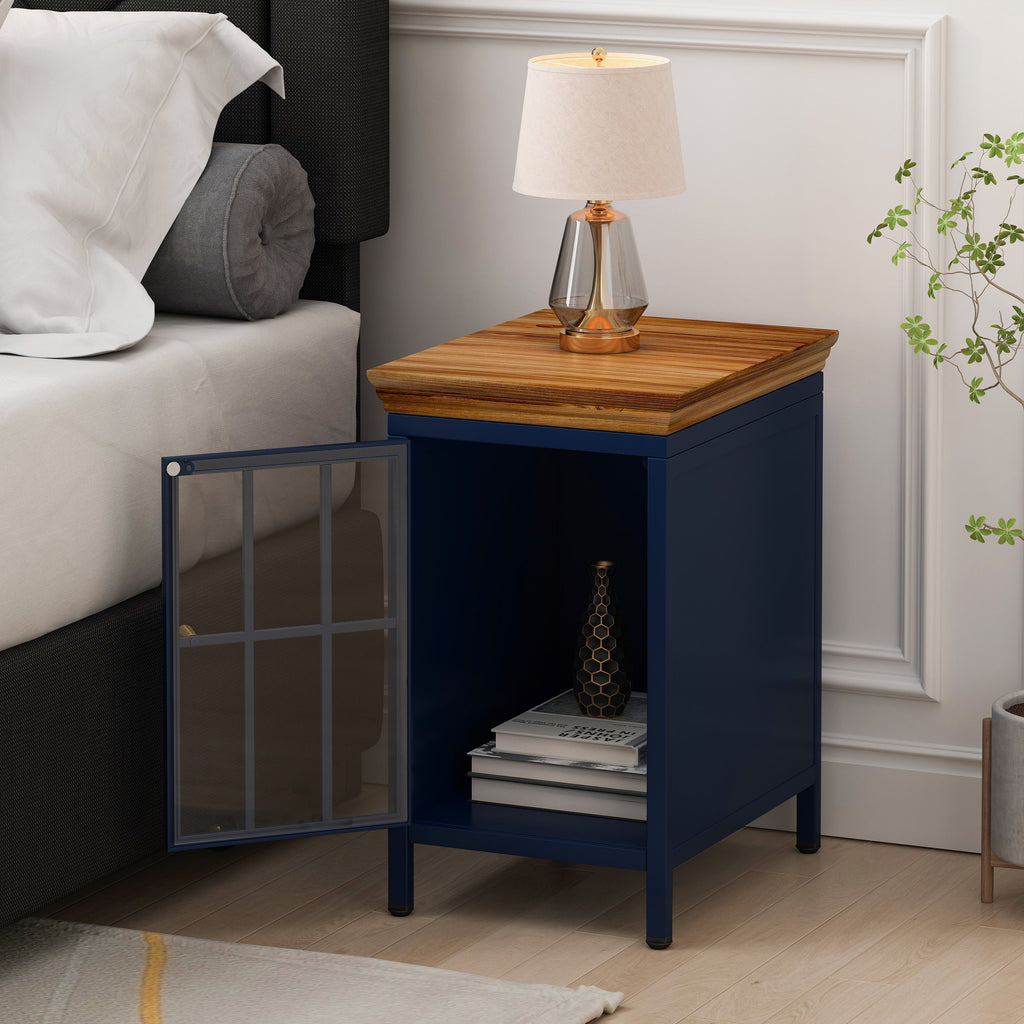 Nightstand with Storage Cabinet & Solid Wood Tabletop, Bedside Table, Sofa Side Coffee Table for Bedroom, Living Room, Dark Blue(Set of Two Pieces)