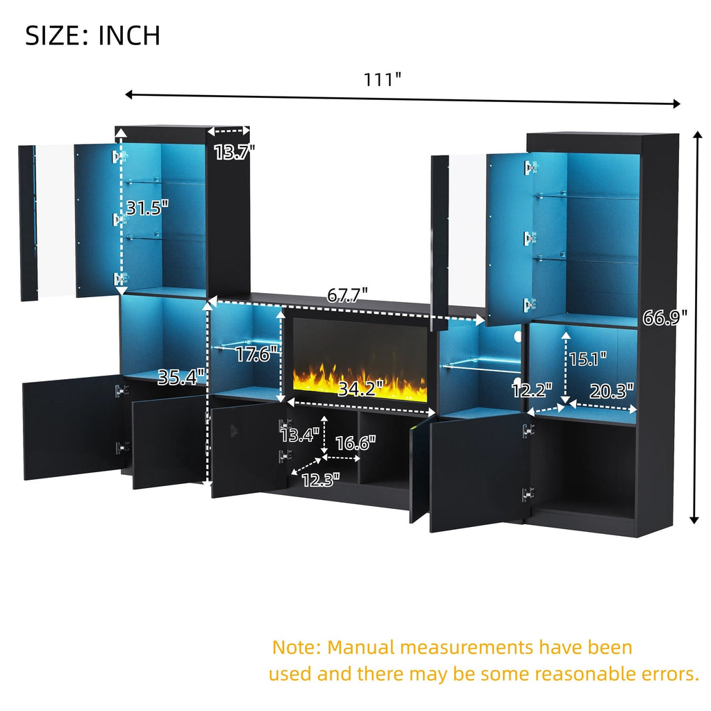 ON-TREND Modern TV Stand with 34.2' Non-heating Electric Fireplace, High Gloss Entertainment Center with LED Lights, Media Console with Tempered Glass Shelves for TVs up to 75', Black