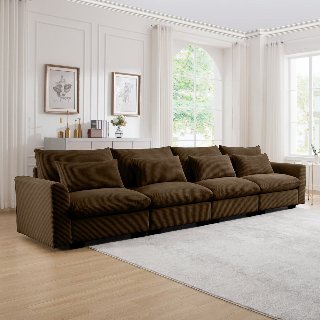 4 Seater Deep Seat Couches for Living Room, Comfy Brown Corduroy Sofas for Living Room Modern with 4 Waist Pillows