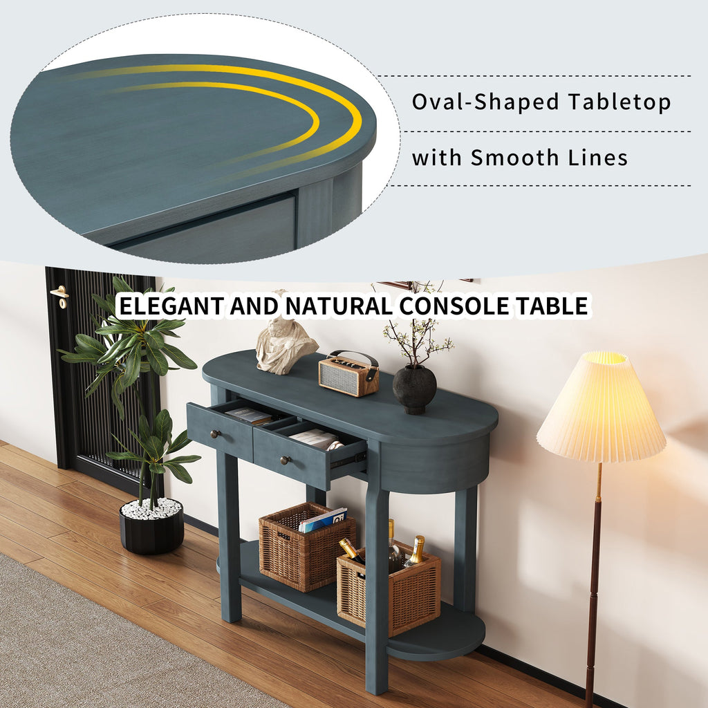 TREXM Elegant Retro Console Table with Curved Design and Smooth Glaze for Entryways, Living Rooms and hallways (Navy)