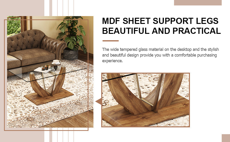 Modern minimalist transparent tempered glass coffee table with wooden MDF legs and stainless steel decorative columns. Computer desk. Game table. CT-907