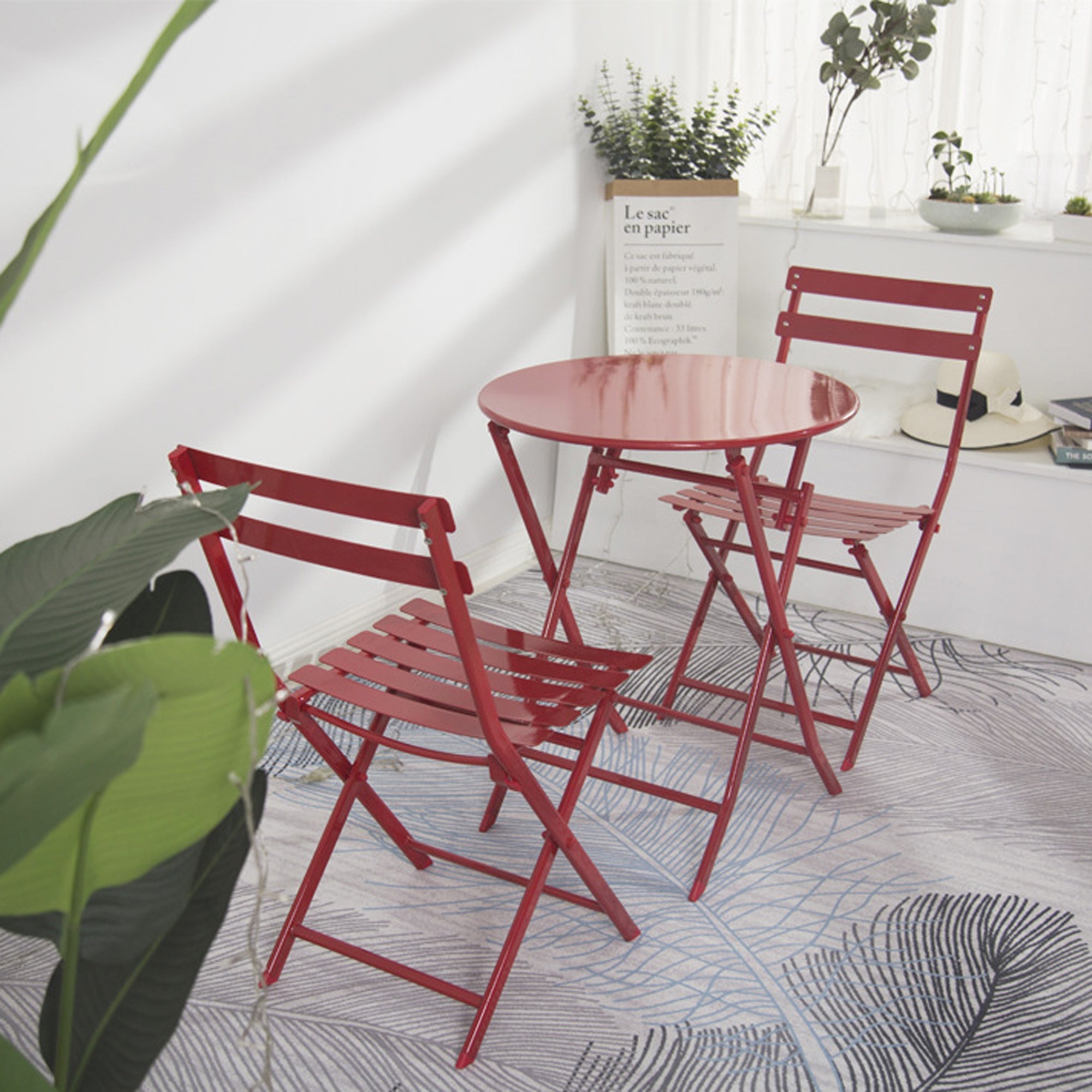 3 Piece Patio Bistro Set of Foldable Round Table and Chairs, Red