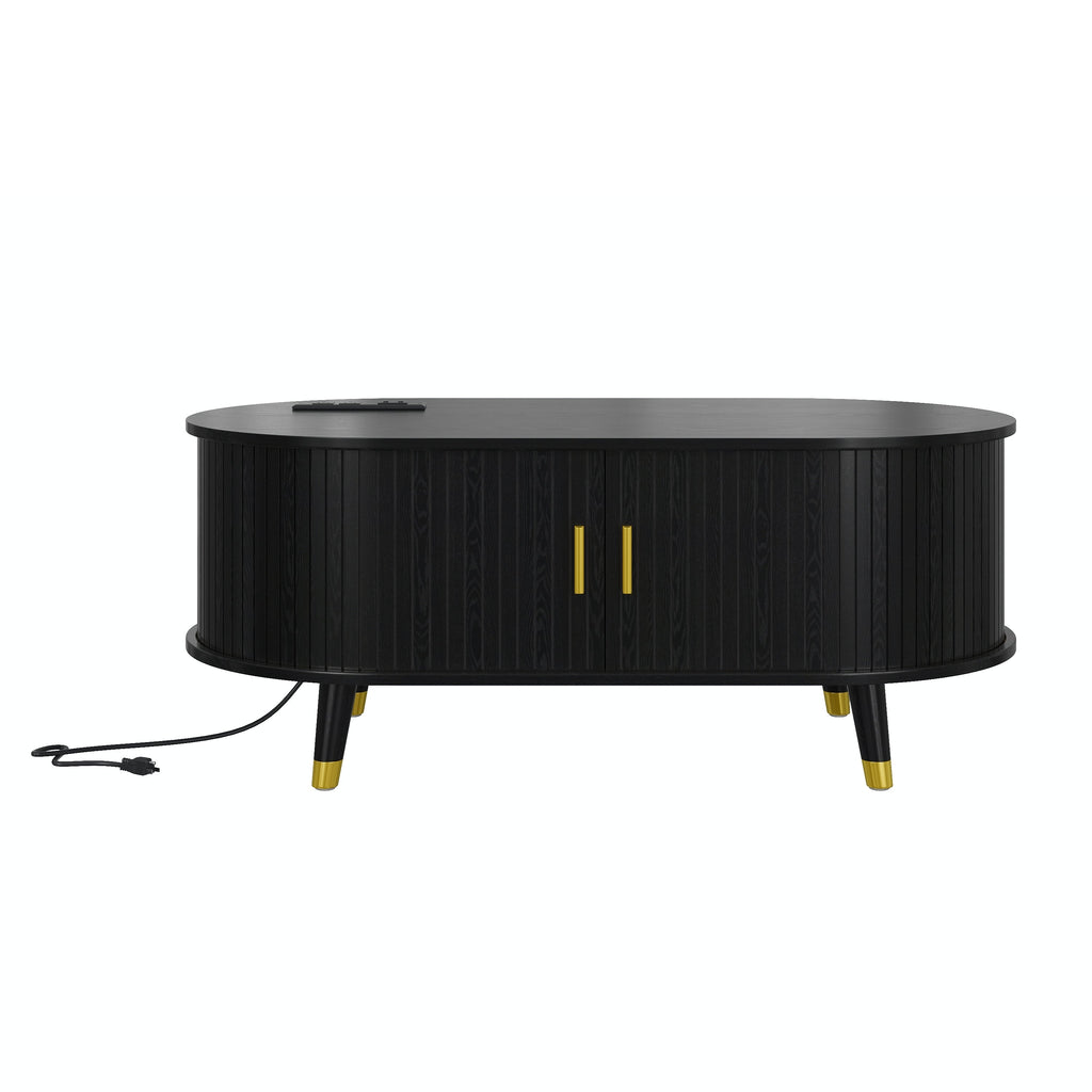 Wooden Farmhouse TV Stand & Coffee Table Set with Charging Station, Oval Fluted Media Console with Sliding Doors for TVs up to 80', Mid-Century Center Table with Solid Wood Legs for Living Room,Black
