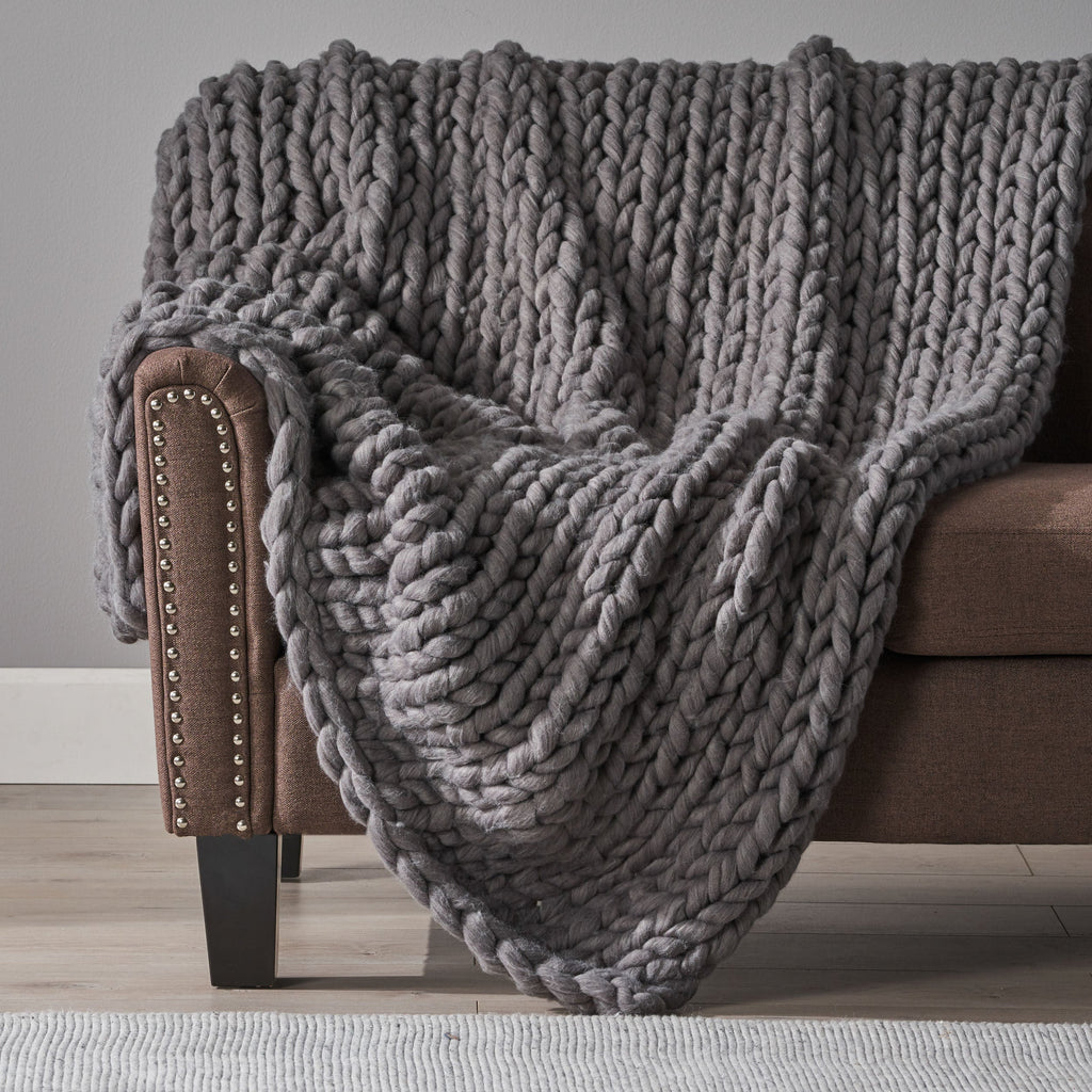 Cozy Knitted Acrylic Throw Blanket with Double Sided Design in Dark Grey, 50x60 Inches