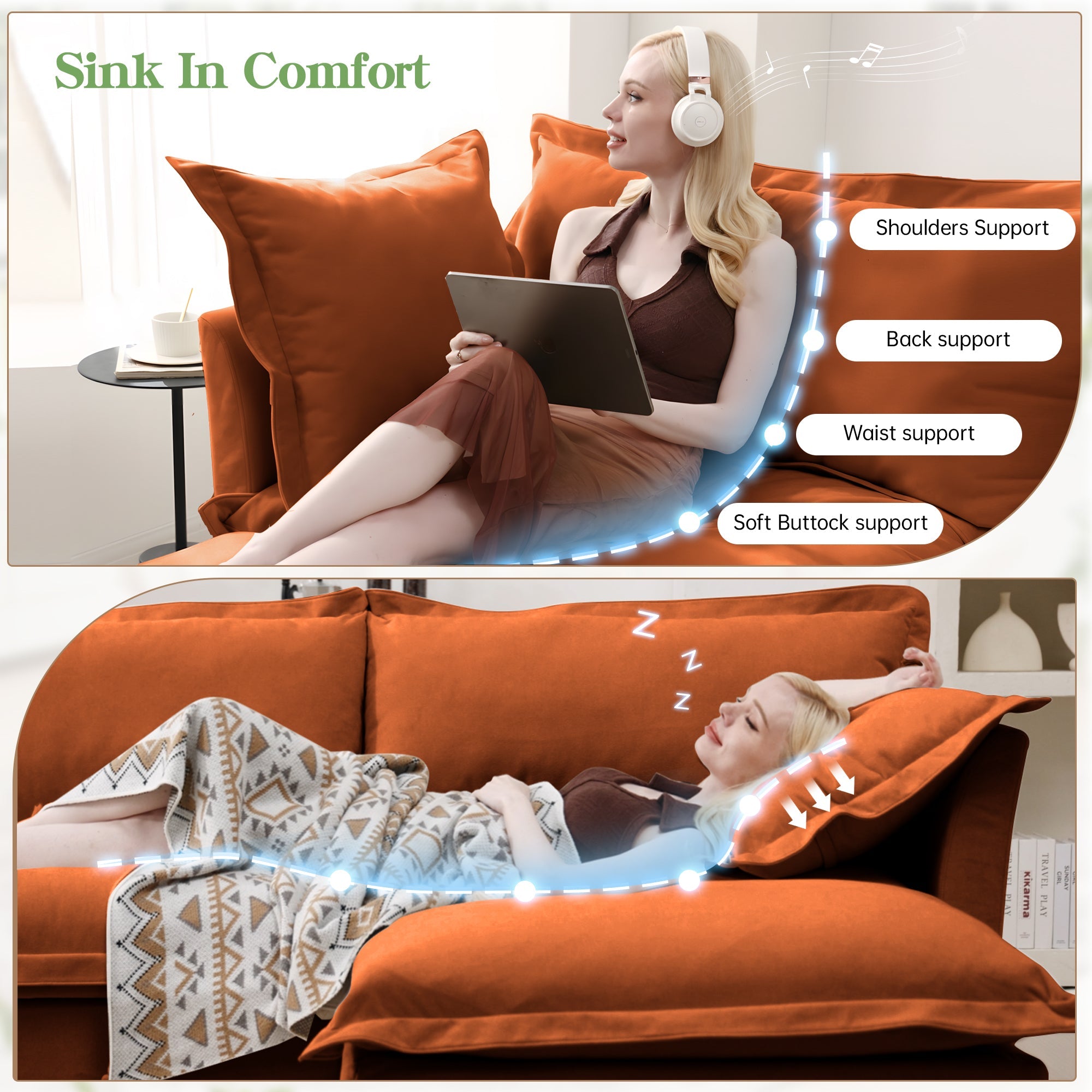 Slipcovered U Shape Sectional Deep Seat Sofa Couch, 3 Seater Sofa with French Edges Design Multiple Big Pillows, Modular Deep Seat Sectional Sofa Comfy Cloud Couch for Living Room, Apartment,Chenille
