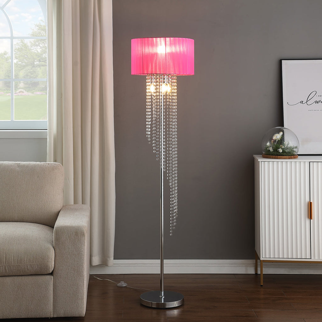 65.75'H Sheer Hot Pink Drum Shade Rain Crystal Chrome Metal Floor Lamp for Living Room, Standing Lamp for Bedroom