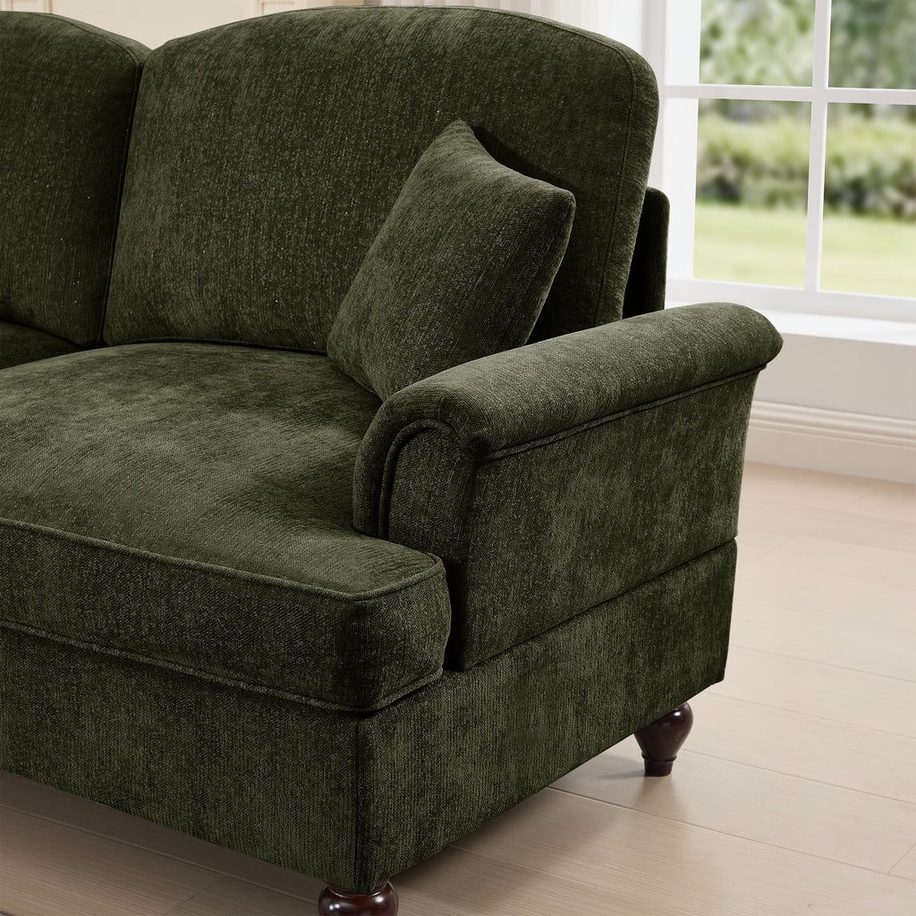 Mid Century Three Seater Modular L Shaped Sectional Couch with Flared Arms and Removable Ruffles Pleats Skirts and Spindle Legs, Comfy Chenille 3-Seat Deep Seat Sofa with Movable Ottoman,Green
