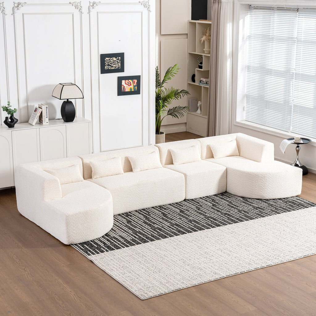 144' Upholstered Sofa Free-combined Sofa Couch with Two Chaise Lounge and Five Back Pillows for Living Room(Old SKU: N719S001600A), Beige