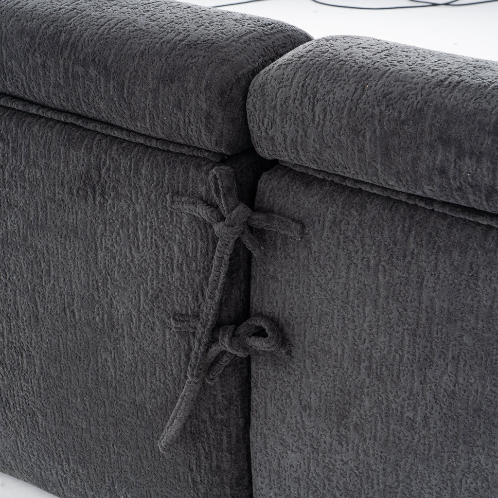 LY-029 GRAY COMPRESSION SOFA: 4-seater combined sofa, Wood Grain Chenille fabric, full sponge compression sofa,combined sofa with 2 pillows  for living/ Home Furniture/ Apartment