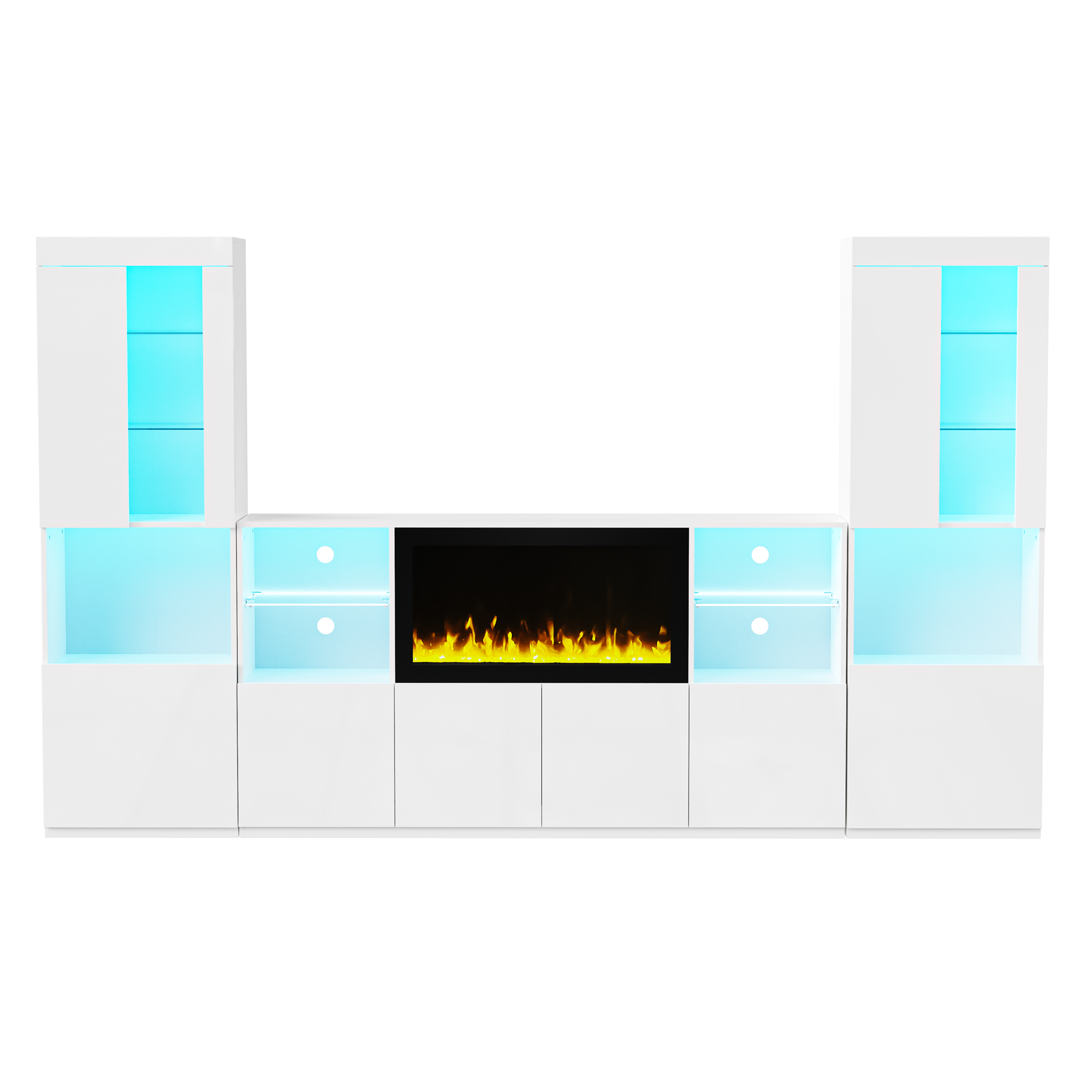 ON-TREND Modern TV Stand with 34.2' Non-heating Electric Fireplace, High Gloss Entertainment Center with LED Lights, Media Console with Tempered Glass Shelves for TVs up to 75', White
