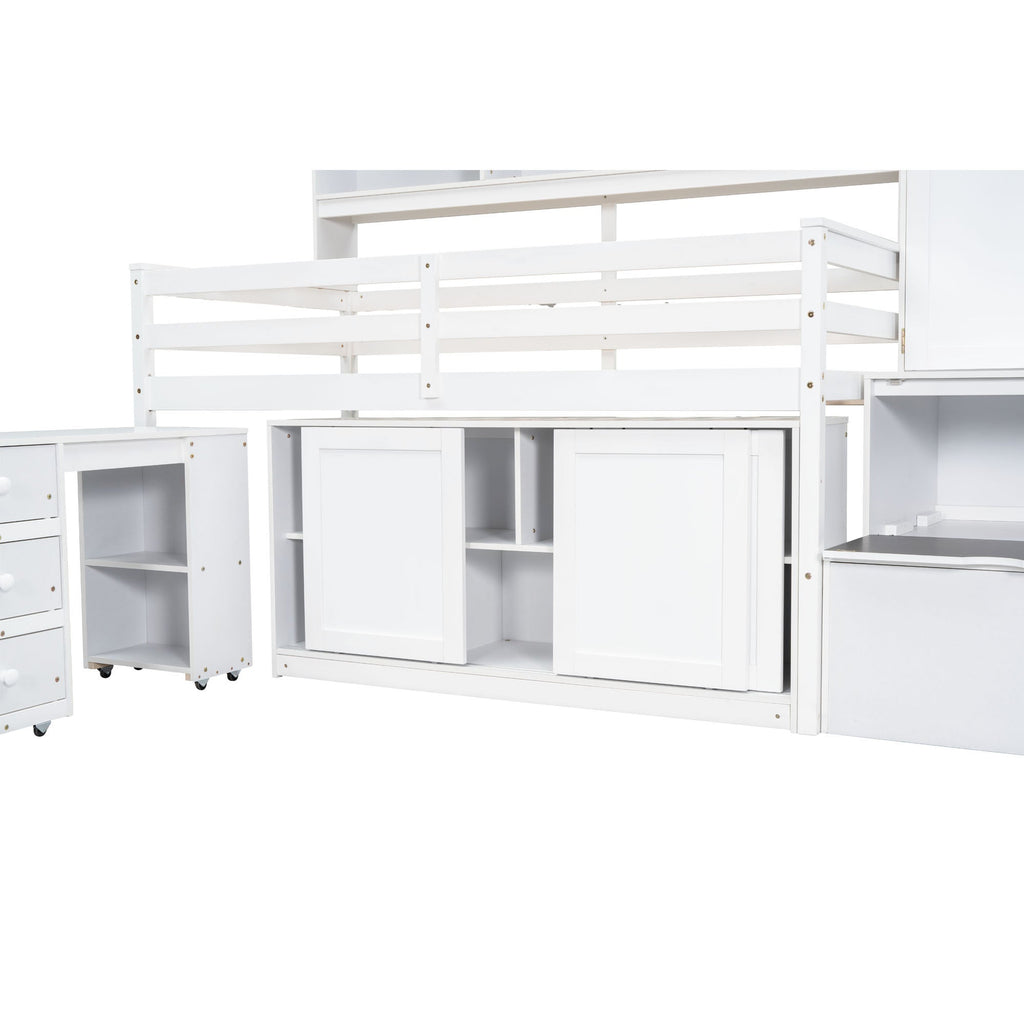 Twin Size Wooden Loft Bed Big Storage with Under-bed Desk, with Drawers, with Shelves, White