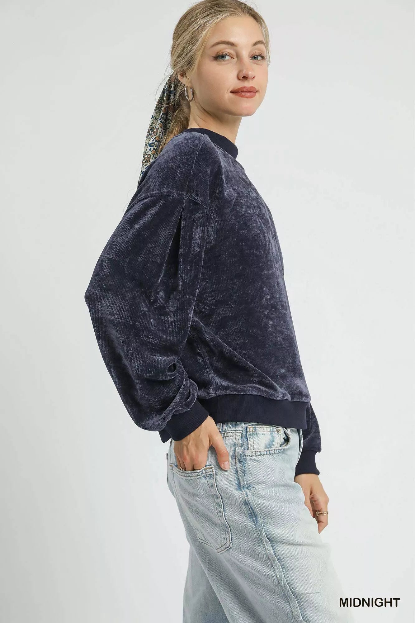 Umgee Velour Crewneck Balloon Sleeve Sweatshirt