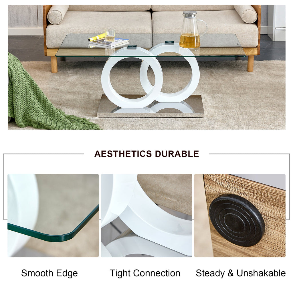 Rectangular modern and fashionable coffee table with tempered glass tabletop and white legs. Suitable for living room.47.2"*25.4"*17.9"