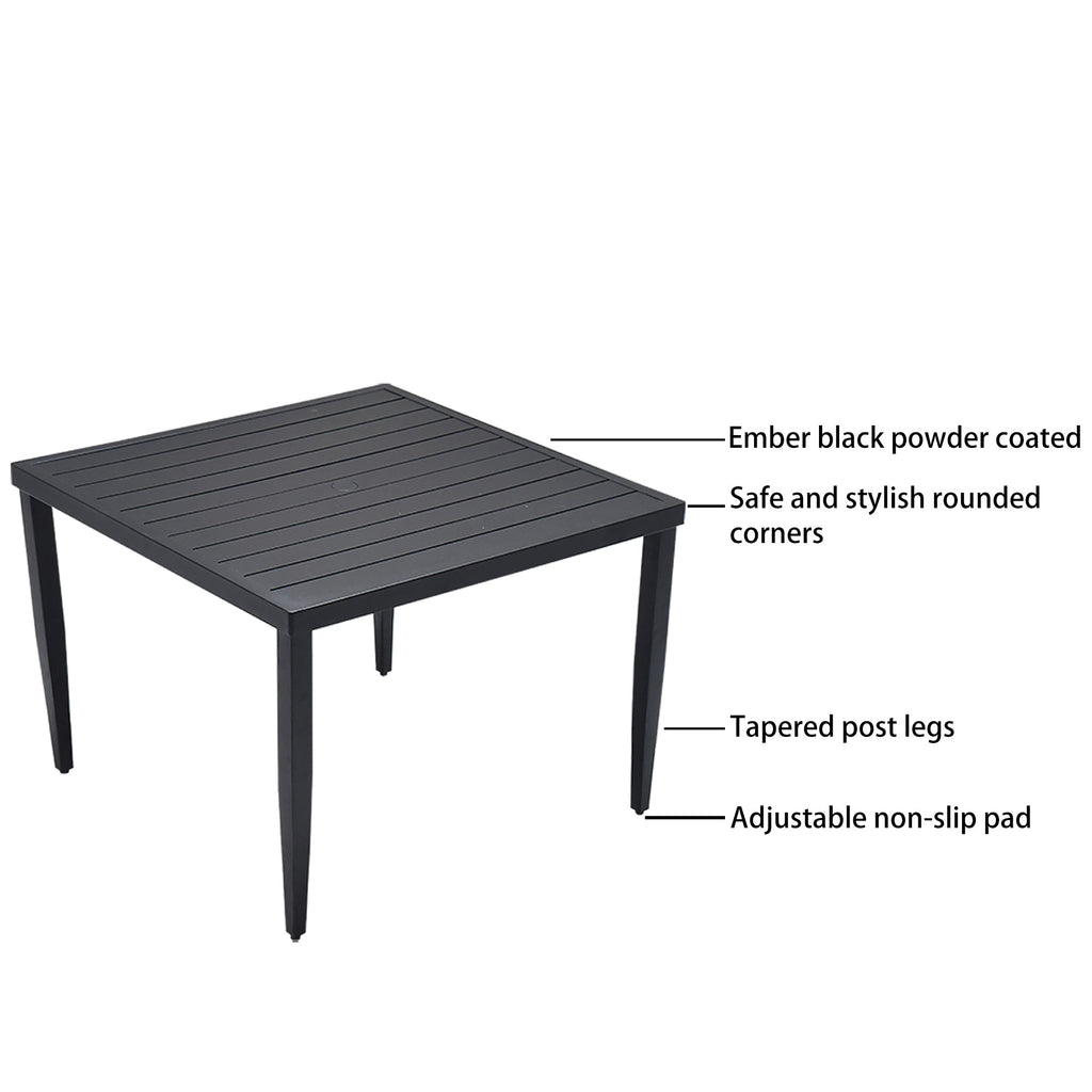 5-Piece Outdoor Patio Aluminum Furniture, Modern Dining Set, including 4 Swivel Rockers  Sunbrella Fabric Cushioned and 40' Square Dining Table with Umbrella Hole, Ember Black