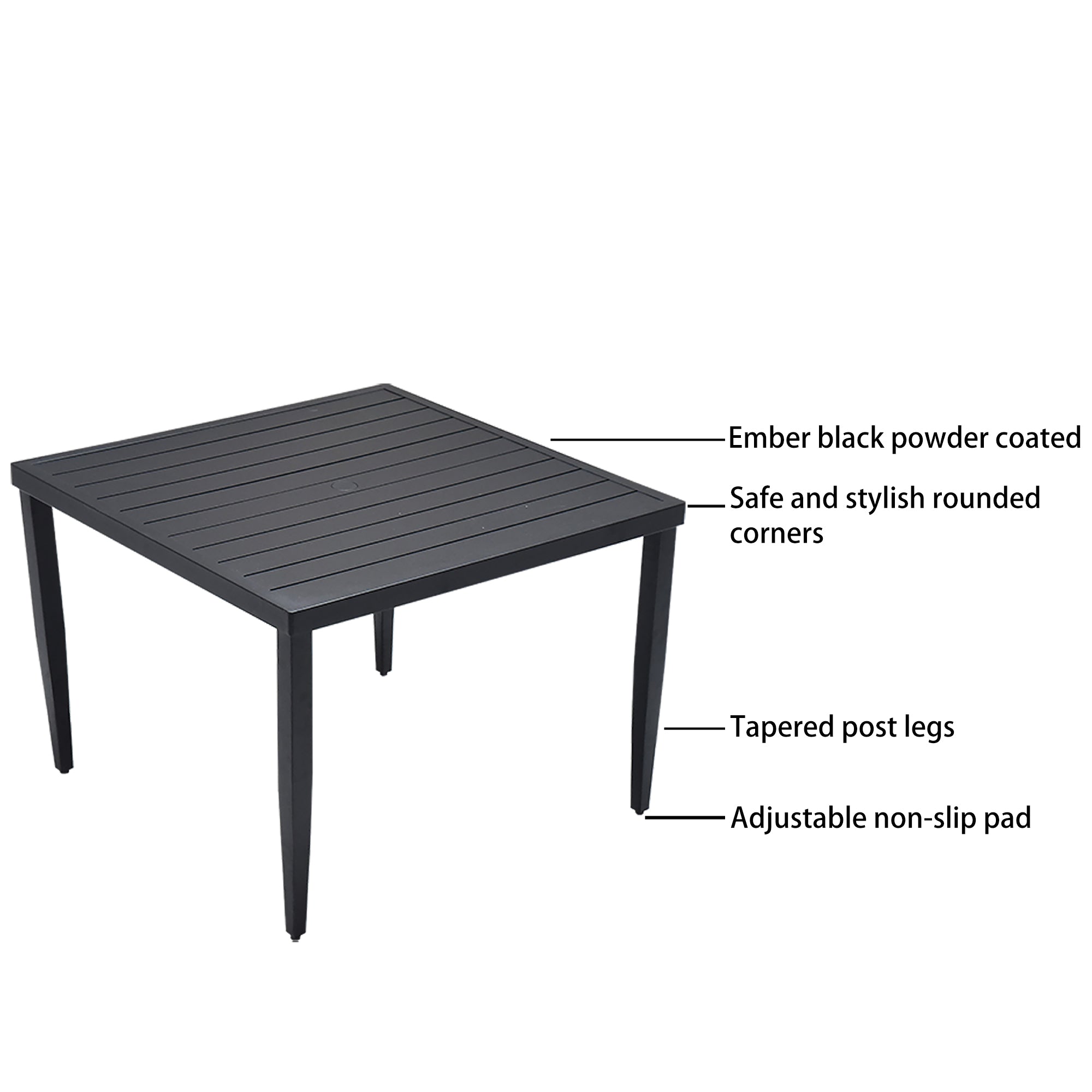 5-Piece Outdoor Patio Aluminum Furniture, Modern Dining Set, including 4 Swivel Rockers  Sunbrella Fabric Cushioned and 40' Square Dining Table with Umbrella Hole, Ember Black