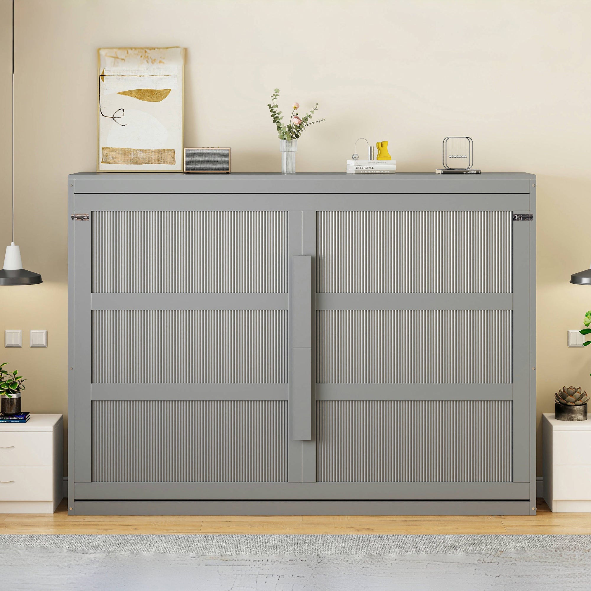 Queen Size Murphy Bed Wall Bed Modern design with LED Lights,Gray(OLD SKU:LP100973AAE)