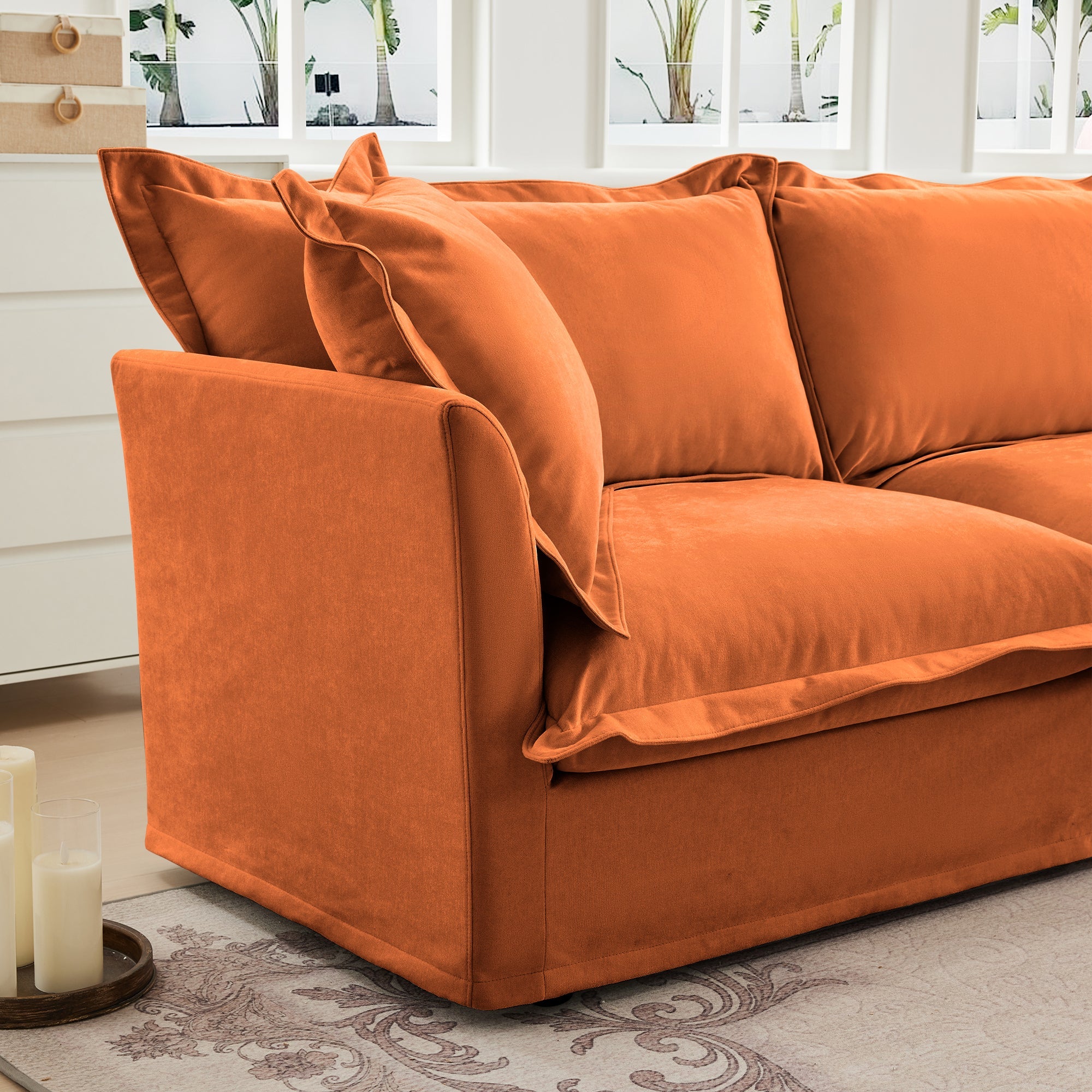Slipcovered Sofa 2 Seater Sofa    With 2 Ottomans, 2 Seater Sleeper Sofa Bed Home Theater Oversized Sofa For Living Room, Chenille, orange