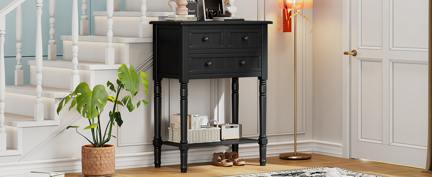 TREXM Narrow Console Table, Slim Sofa Table with Three Storage Drawers and Bottom Shelf (Black)