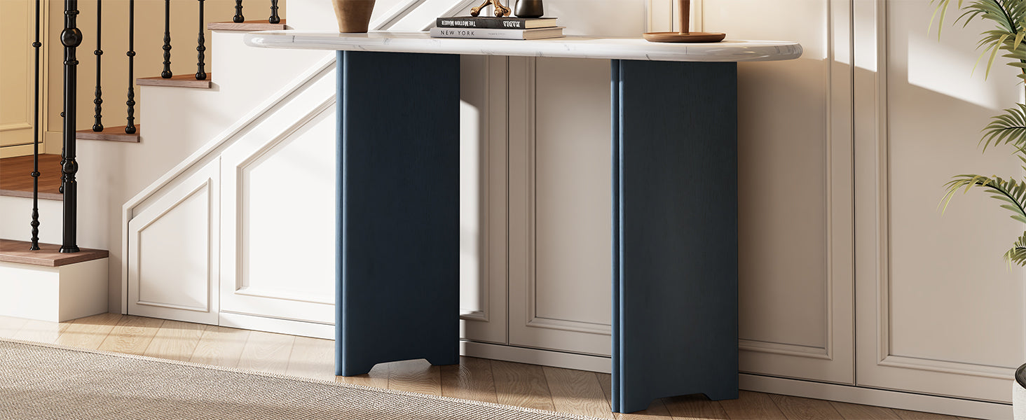 TREXM Narrow Console Table, Entryway Table with Oval Faux Marble Top, Rustic Sofa Table with Curved Legs, Hallway Accent Table for Entrance and Living Room (Navy+White)