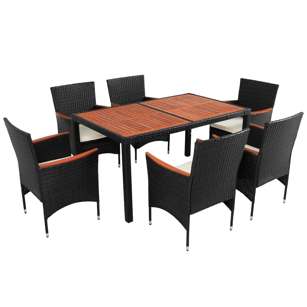 7-Piece Outdoor Patio Dining Set, Garden PE Rattan Wicker Dining Table and Chairs Set, Acacia Wood Tabletop, Stackable Armrest Chairs with Cushions, Reddish-brown