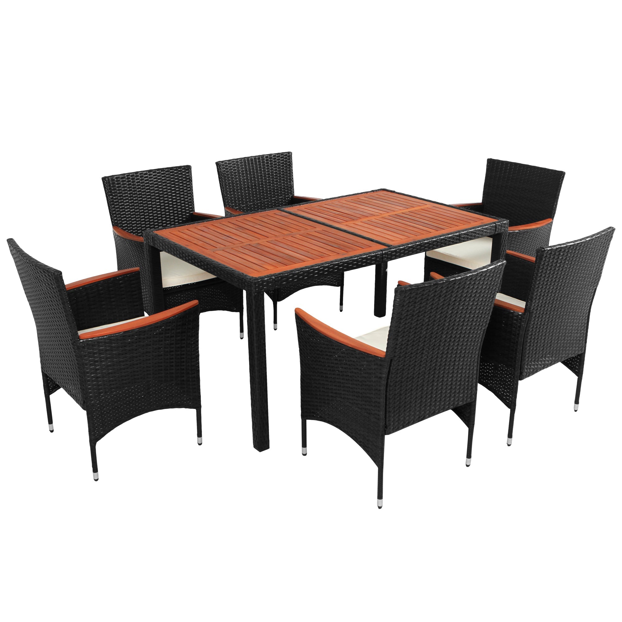 7-Piece Outdoor Patio Dining Set, Garden PE Rattan Wicker Dining Table and Chairs Set, Acacia Wood Tabletop, Stackable Armrest Chairs with Cushions, Reddish-brown