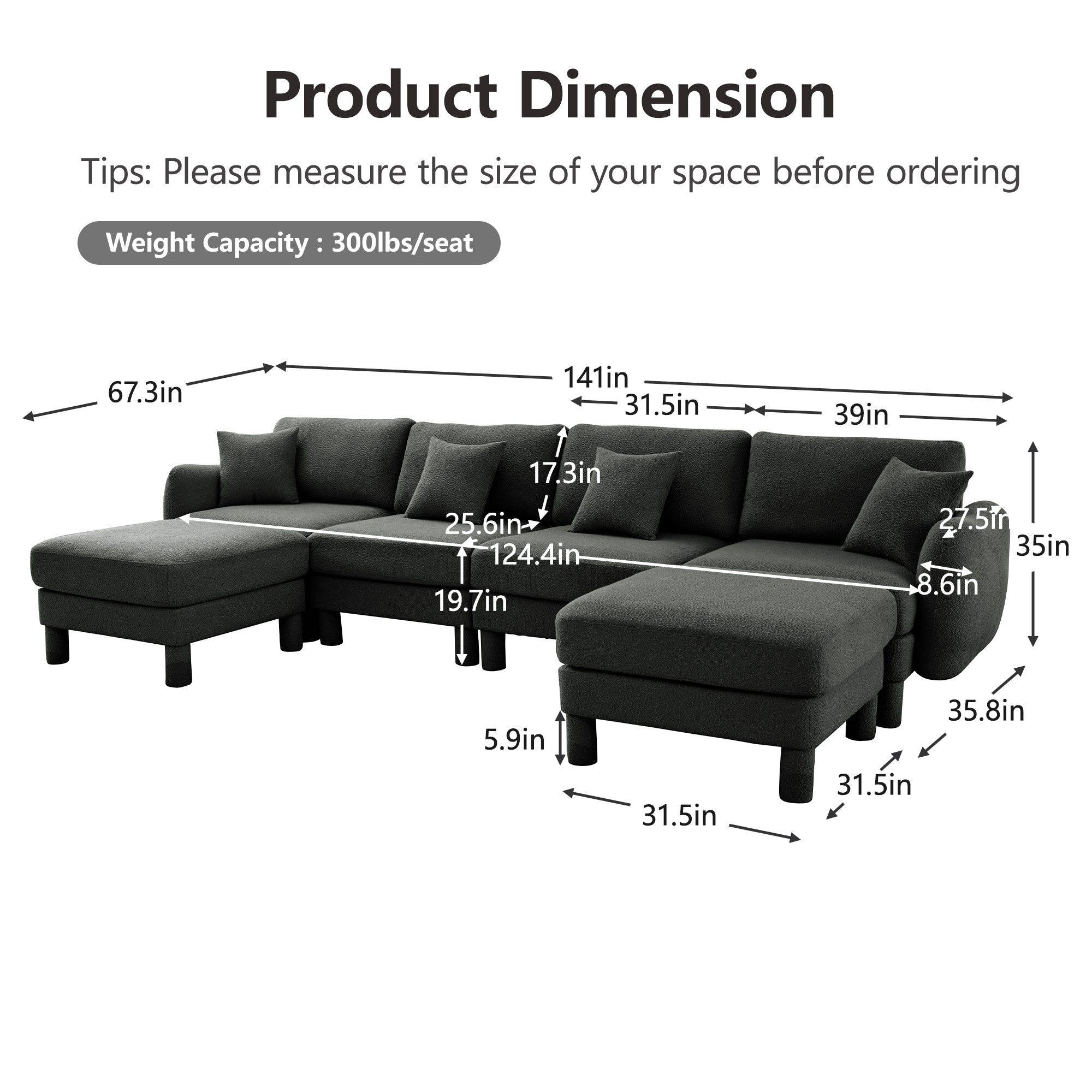 Boucle Fabric U Shape Sectional 4-seater Sofa Couch With Distinctive Shell-shaped Armrests And 2 Movable Ottomans,Cylindrical Legs Wrapped with Self-fabric,Dark Grey  Color