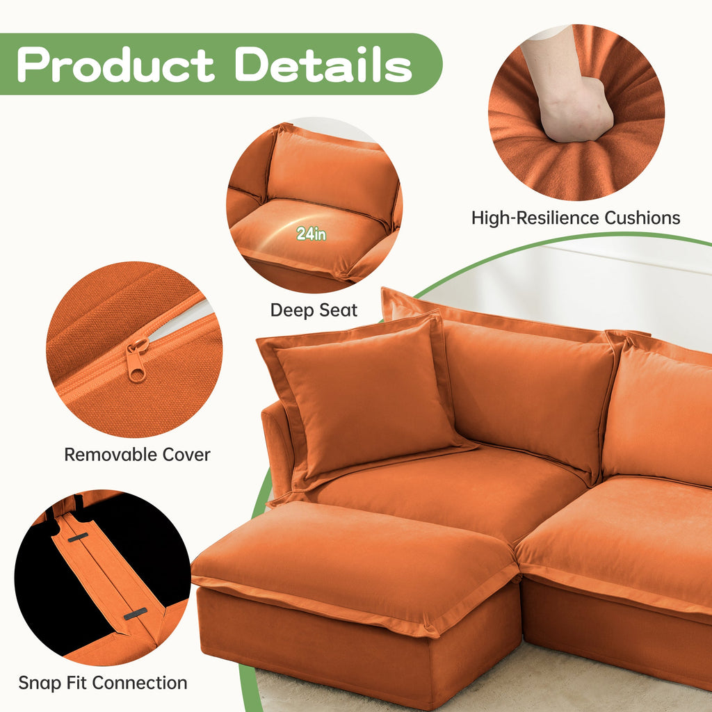 Living Room Sofa Slipcovered Sofa 3 Seater Sofa With 3 Ottomans, Oversized 3-Seat Sleeper Sofa Bed Home Theater Sofa, Chenille, orange