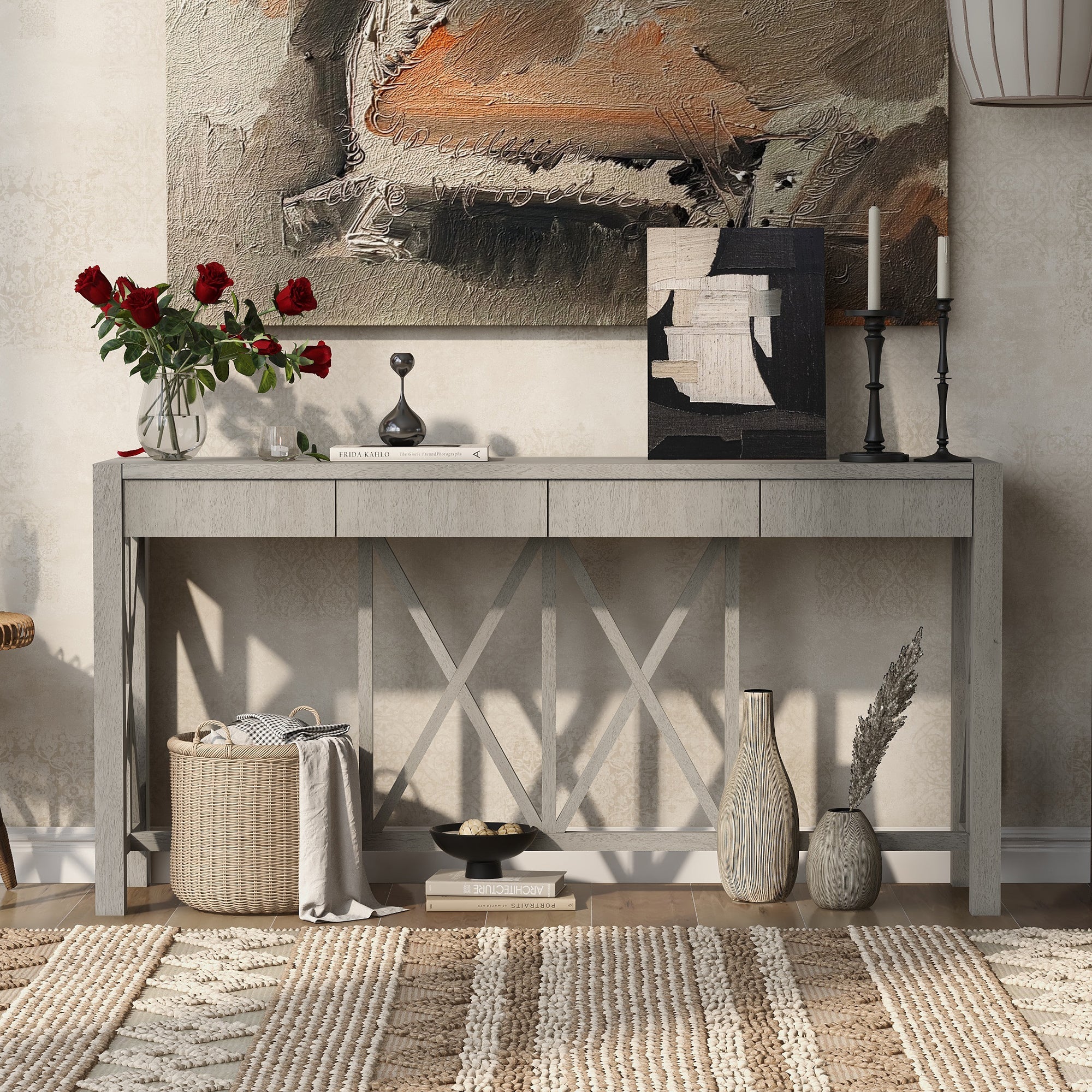 U_Style 60''Acacia Veneer Console Table with 4 Spacious Drawers, Modern Crisscross Design Entryway Table with Open Bottom Storage,Farmhouse Sofa Table for Living Room,Kitchen,Dining Room,Hallway