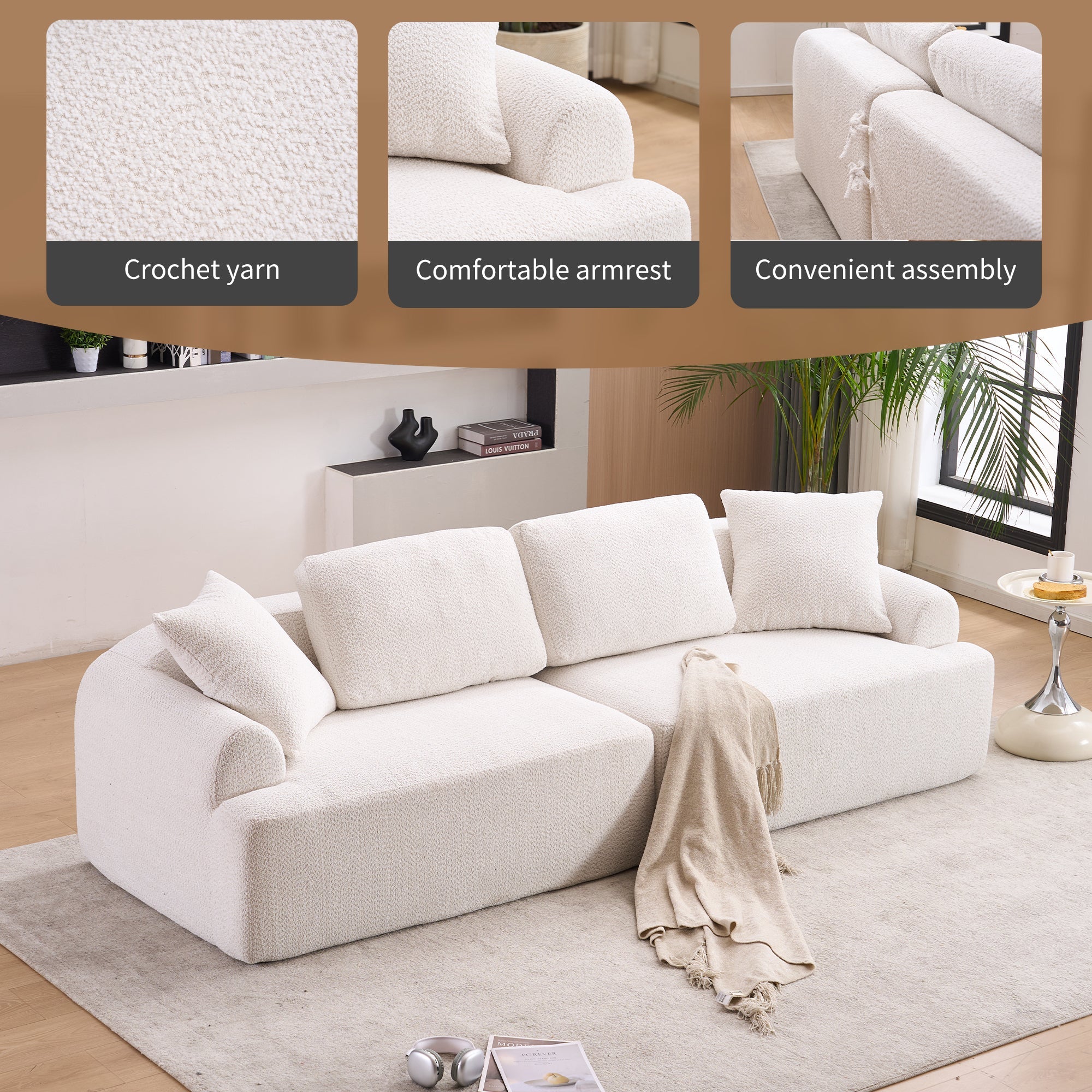 LY-024 BEIGE COMPRESSION SOFA: 4-seater combined sofa, Crochet Yarn Fabric, full sponge compression sofa,combined sofa with 4 pillows for home living/ Home Furniture/ Apartment