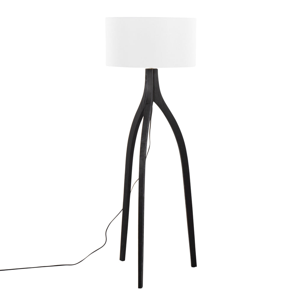 Wishbone Contemporary Floor Lamp in Black Wood with White Linen Shade by LumiSource