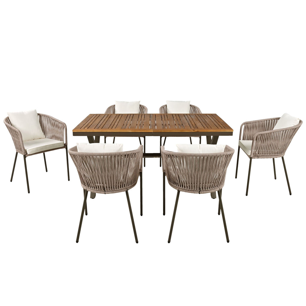 GO 7 Pieces Patio Dining Set, All-Weather Outdoor Furniture Set with Dining Table and Chairs, Acacia Wood Tabletop, Metal Frame, for for Garden, Backyard, Balcony, Beige