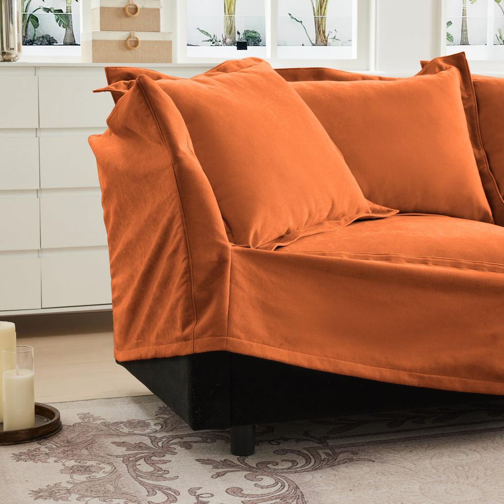 Slipcovered L Shape Sectional Long Sofa Couch, 4 Seater Sofa with Suppleness Armrests, Chenille Deep Seat Sofa with 2 Big Pillows, Comfy Couch for Living Room, Apartment, Chenille Fabric, Orange