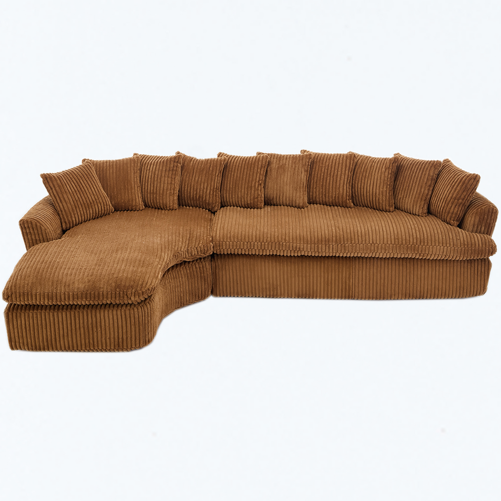 127''  Large Sectional Sofa ,Elegant Curved Design ,High-Resilience Foam ,Ten Back Cushions,L-Shape Left Sofa,No Assembly  Required , (Brown-Soft Corduroy Fabric)