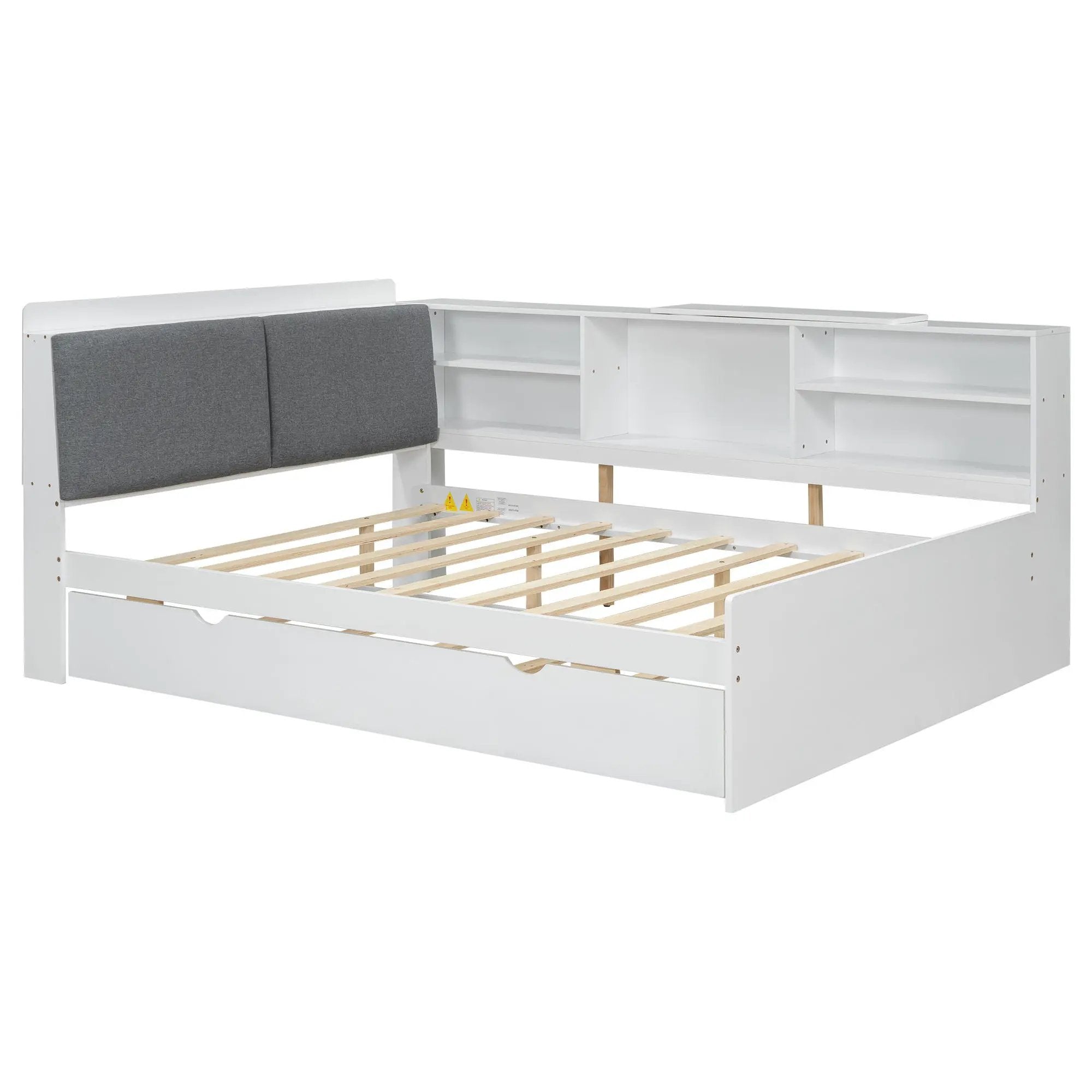 Platform Bed With Trundle, Shelves, And Storage Headboard