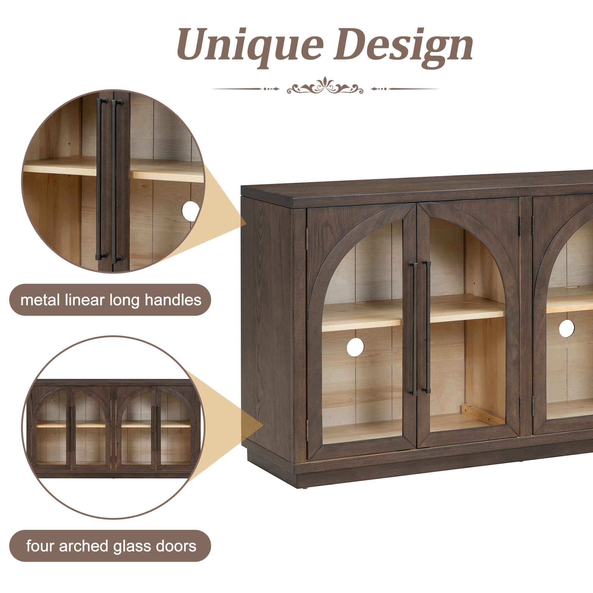 TREXM 4-Door Large Storage Sideboard Buffet Cabinet with Glass Doors, Arched Cabinet with Adjustable Shelves for Kitchen, Dining Room and Living Room (Espresso)
