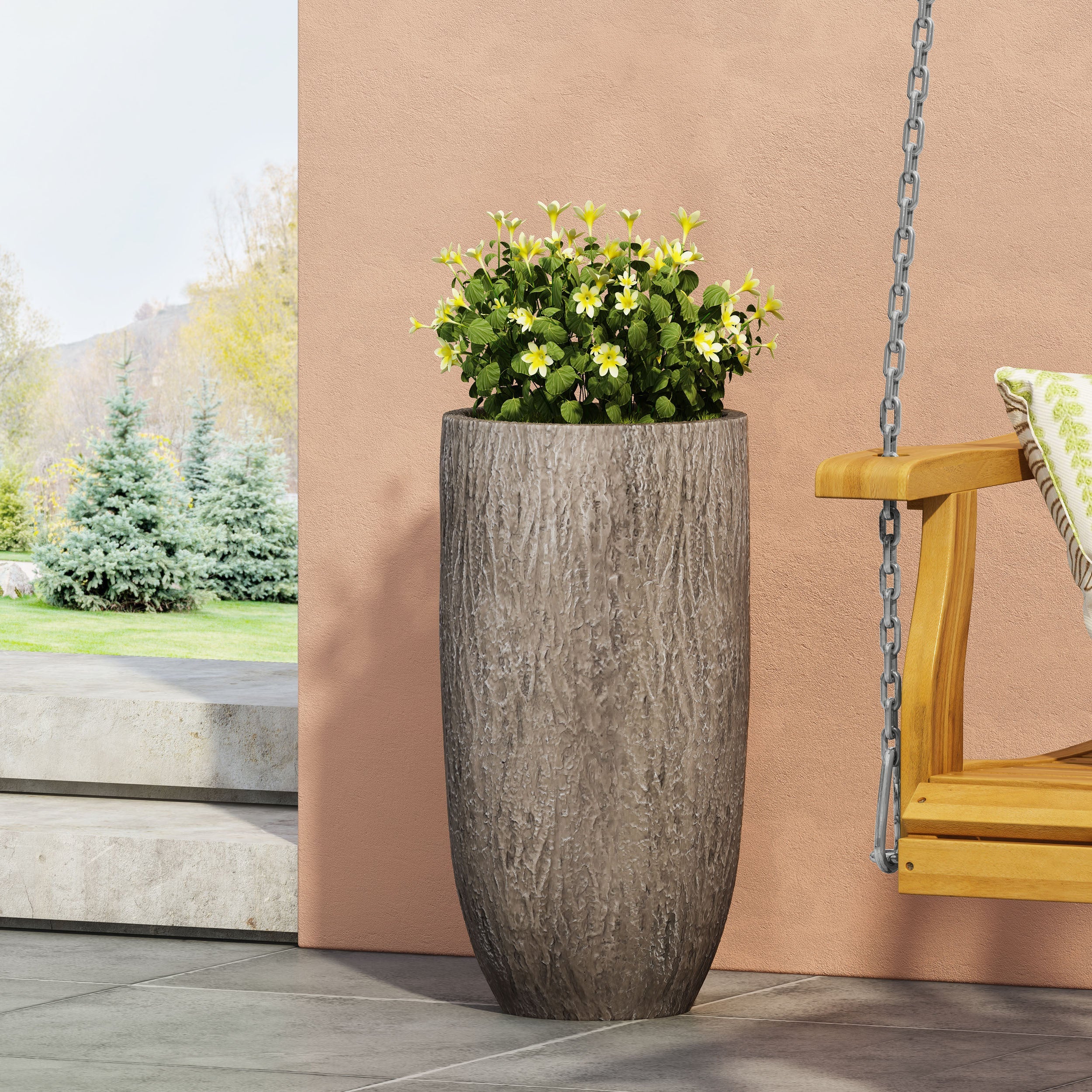 Natural Wood Finish Magnesium Oxide Planter for Outdoor Use, 14x14x27 Inches