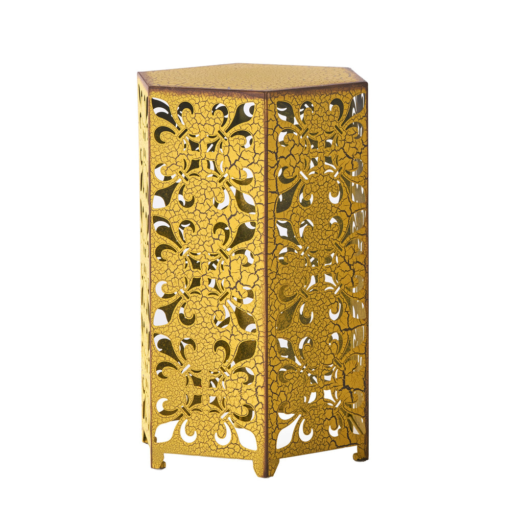 Outdoor Hexagonal Accent Table Set with Charming Fleur-de-lis Panel Sides, Antique Yellow