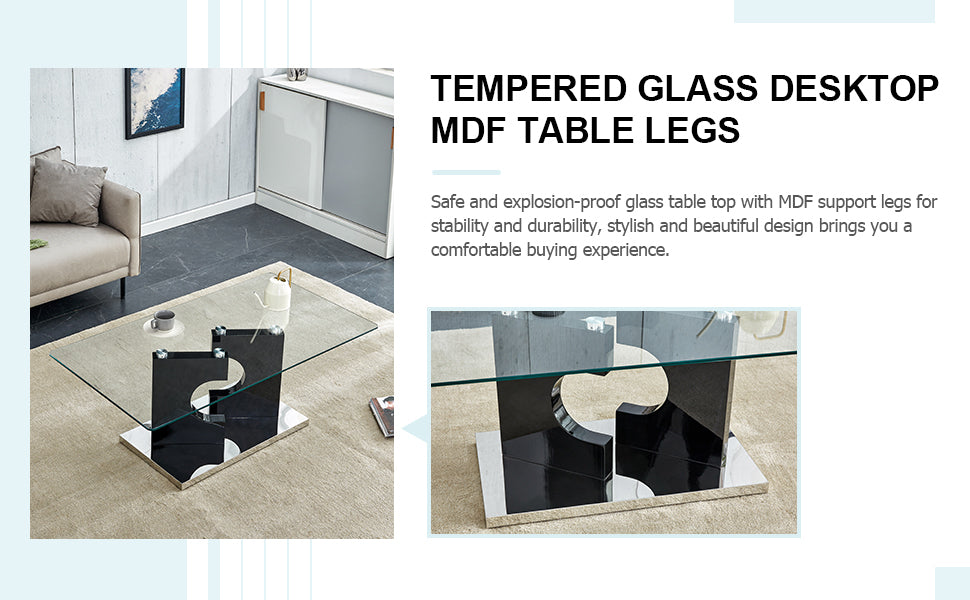 A rectangular modern and fashionable coffee table with tempered glass tabletop and black MDF legs. Suitable for living room.47.2"*25.5"*18"