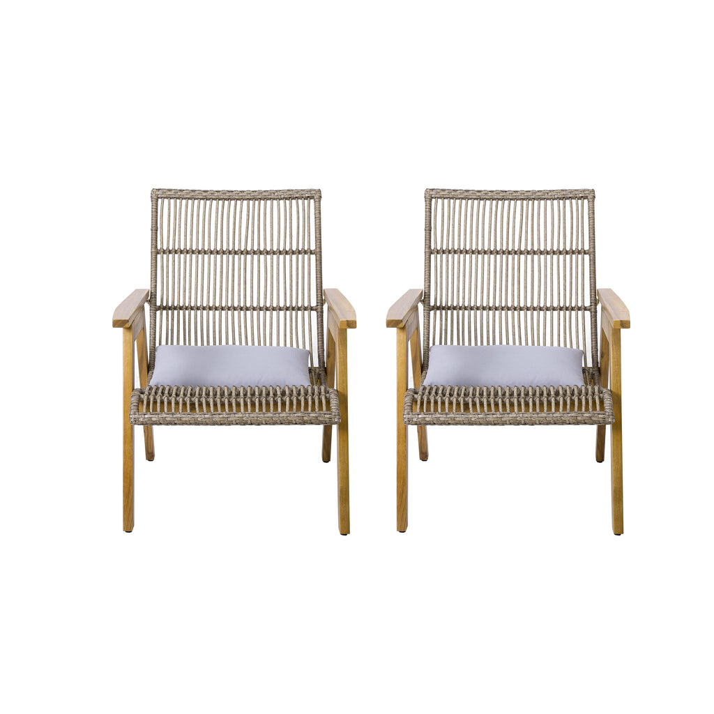 Outdoor Acacia Wood 3-Piece Lounge Set: 2 Cape Woven Wicker Lounge Chairs with Pillows + 18' Solid Side Table for Patio, Deck, Yard, Lawn, and Garden (Teak Finish + Natural Wicker + Light Grey Fabric