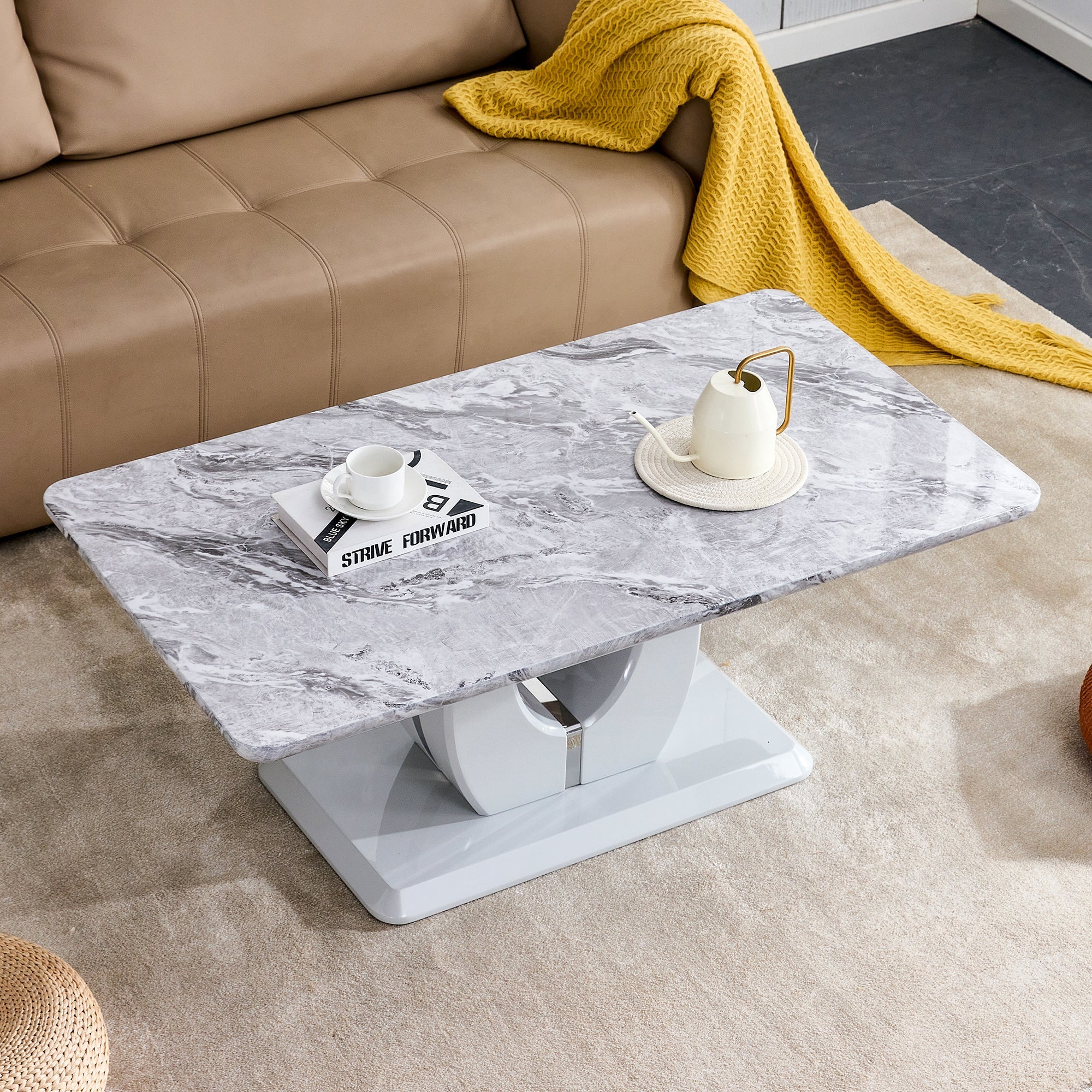 Modern luxury imitation marble light gray tea table,coffee table, paired with silver stainless steel decorative strips.  Computer desk. Game table. CT-1280